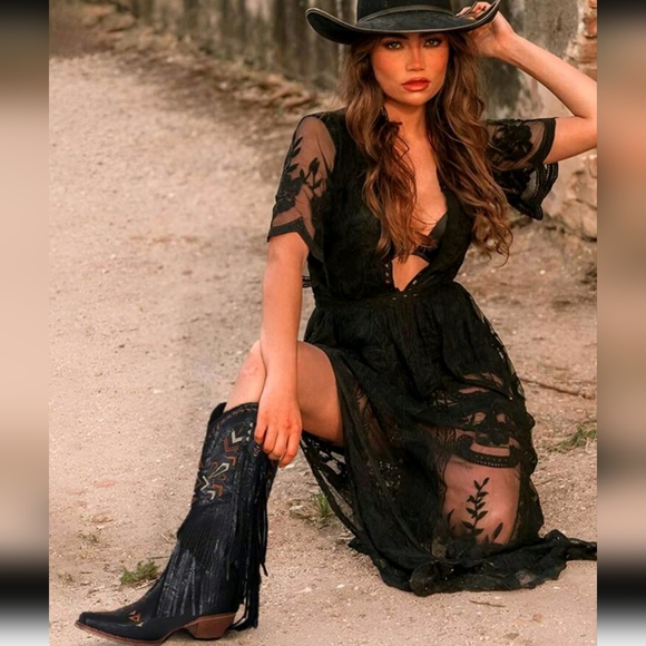 Retro Fringe Tassel Women Western Boots Chunky High Heels Block Heels Mid Calf - Picture 3 of 5